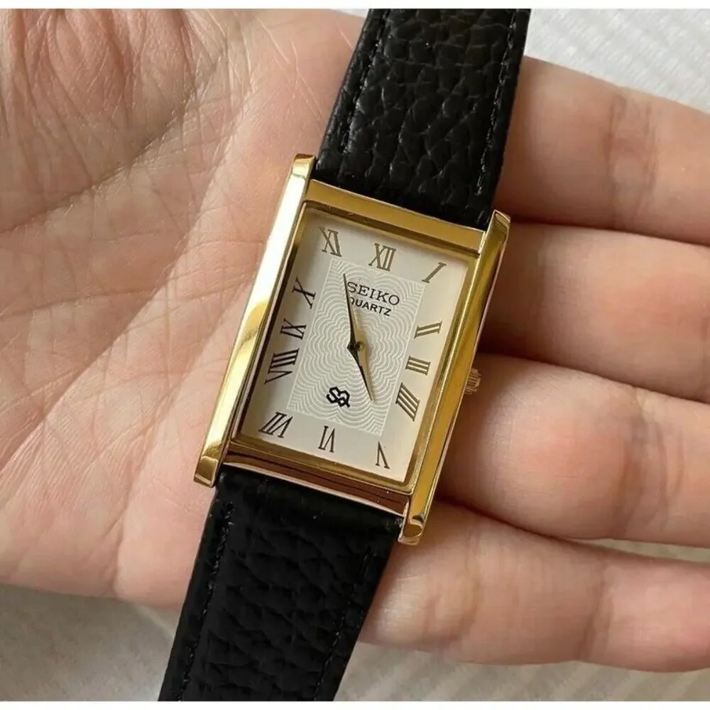 Vintage Style Seiko Quartz Mens Gold Watch & White accents W/ Leather Strap